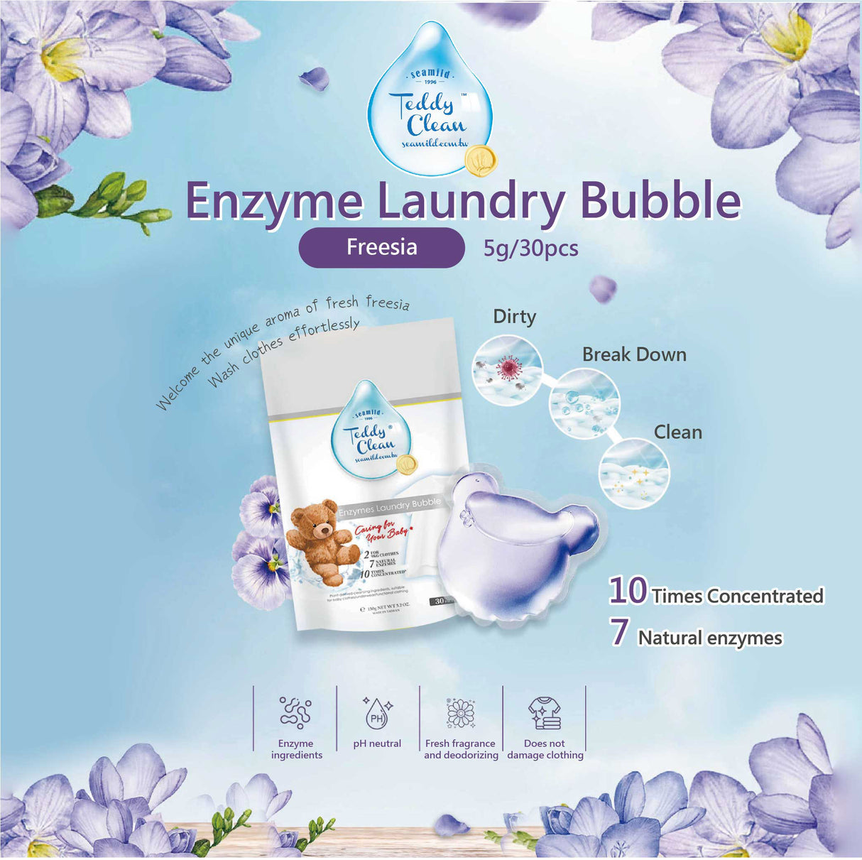 Sea Mild Teddy Antibacterial Enzymes Laundry Pods (5g x 30 pcs)