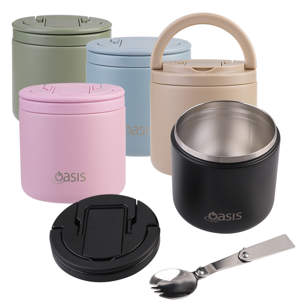 OASIS - Stainless Steel Double Wall Insulated Food Pod Flask w/ Quick Release Lid & Spork 500ml