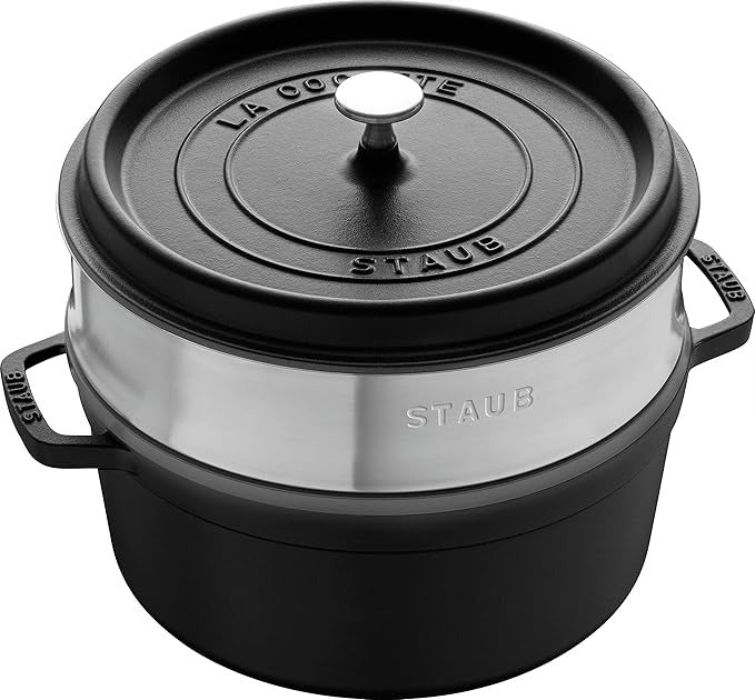 Staub Cocotte Round 26cm Satin Black w/s steamer