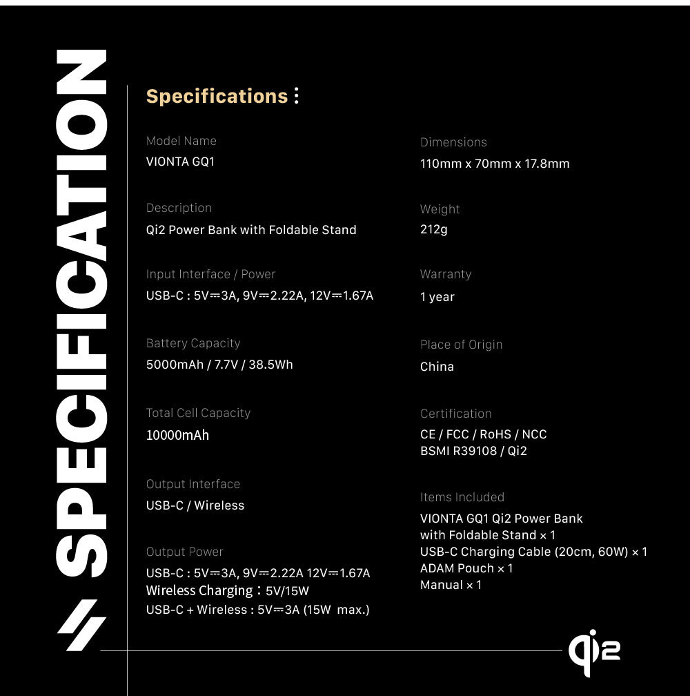 Adam Elements - VIONTA GQ1 Qi2 Magnetic Wireless Power Bank