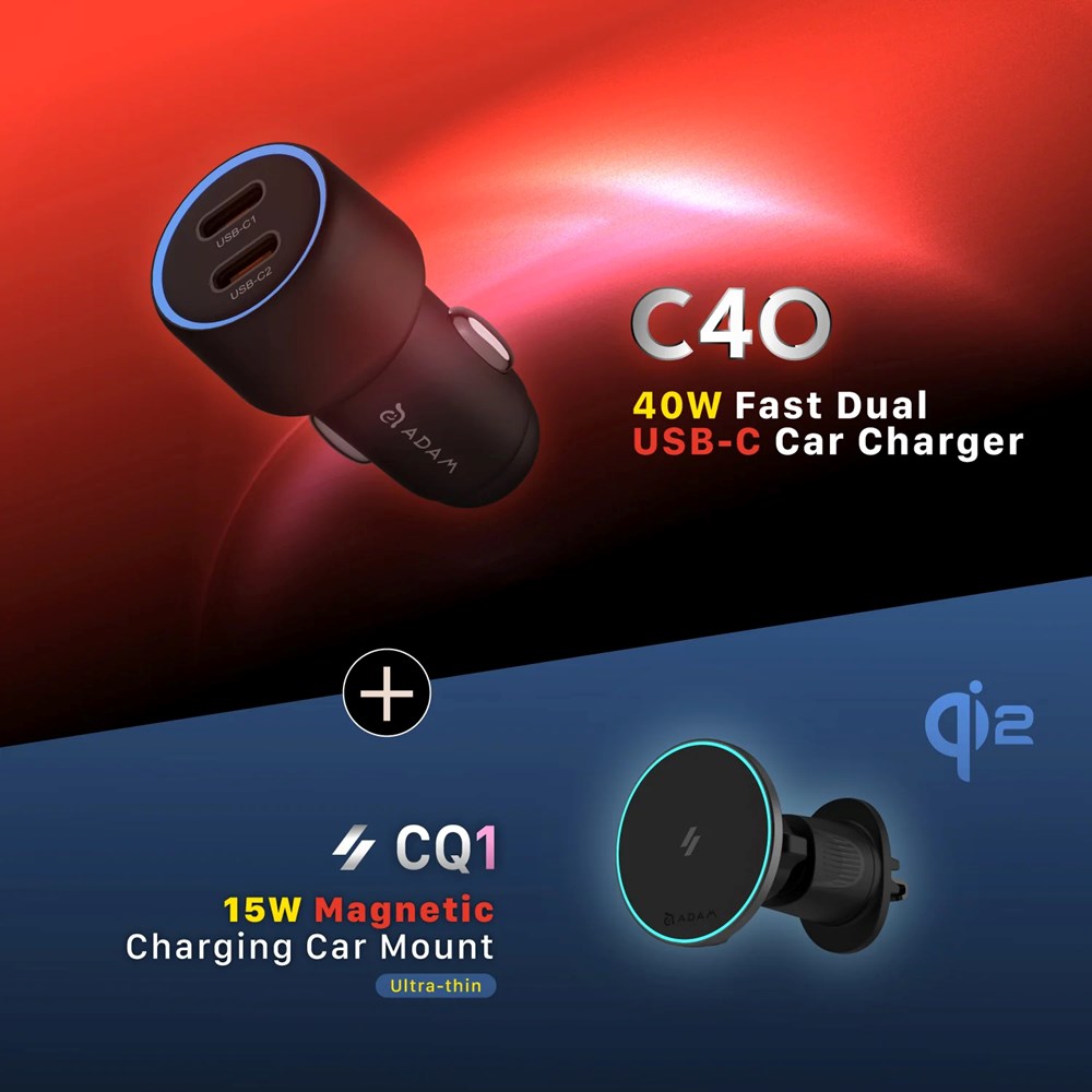 ADAM elements - C40 40W Fast Dual USB-C Car Charger + CQ1 Qi2 Magnetic Charging Car Mount Bundle