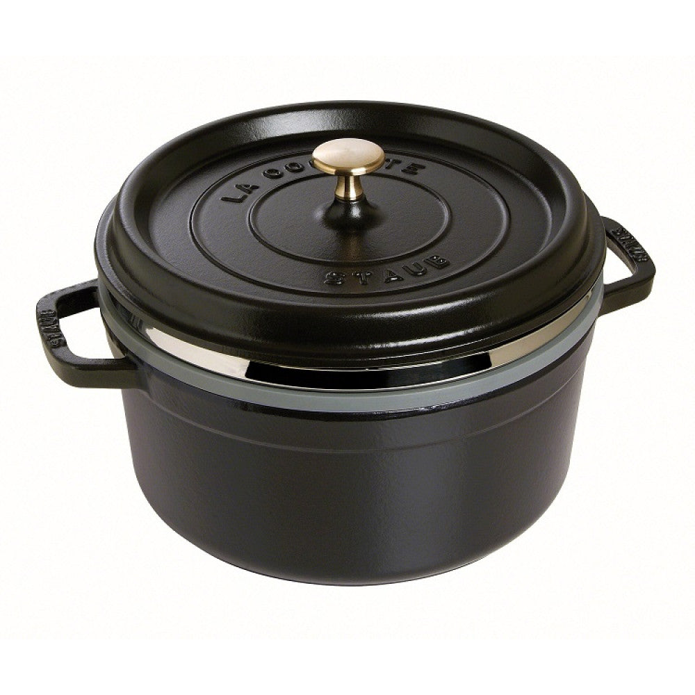 Staub Cocotte Round 26cm Satin Black w/s steamer
