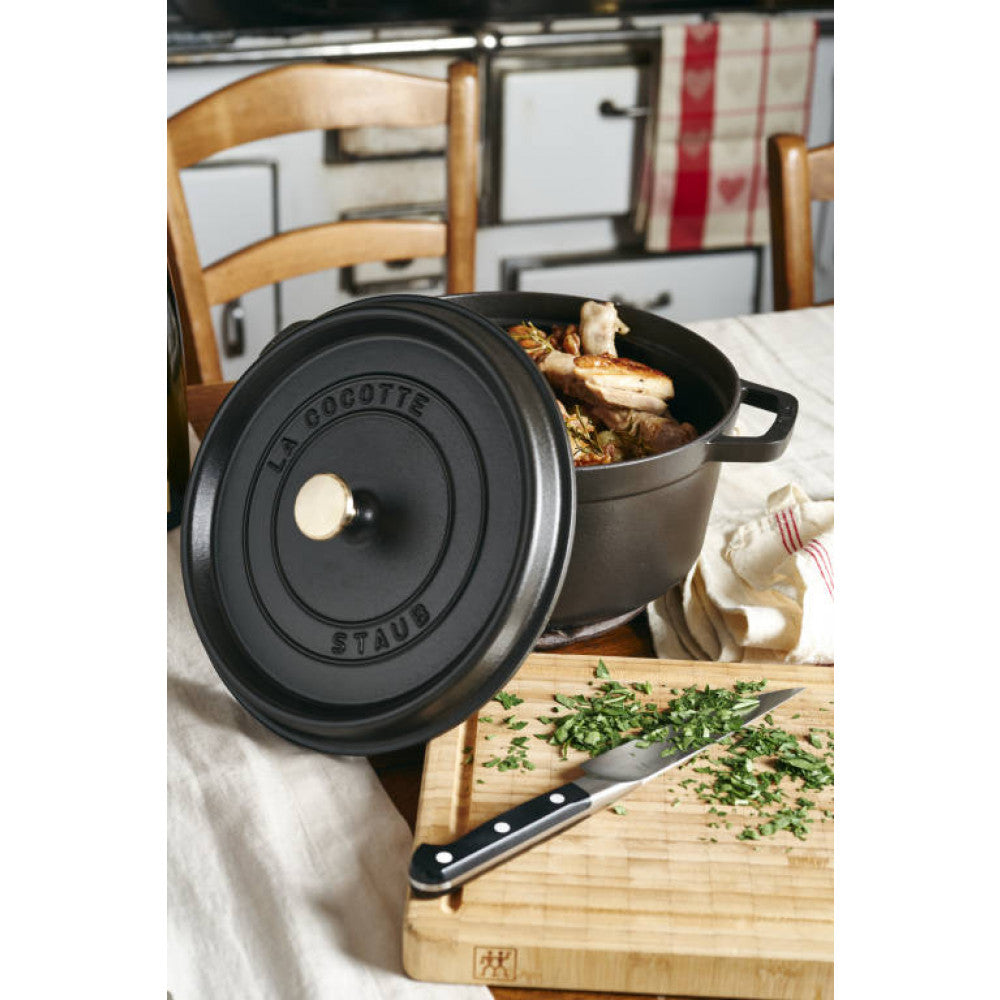 Staub Cocotte Round 26cm Satin Black w/s steamer